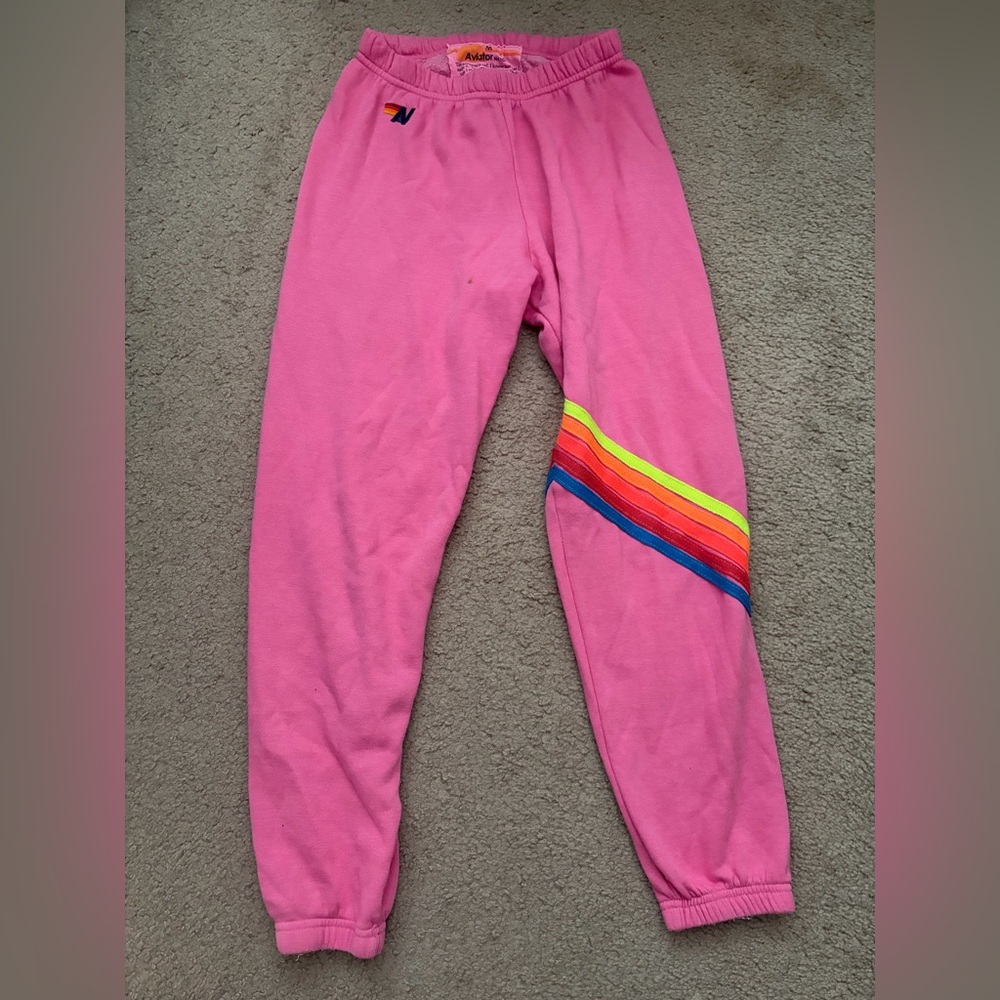 Aviator Nation Pink Track Joggers with Rainbow Stripe